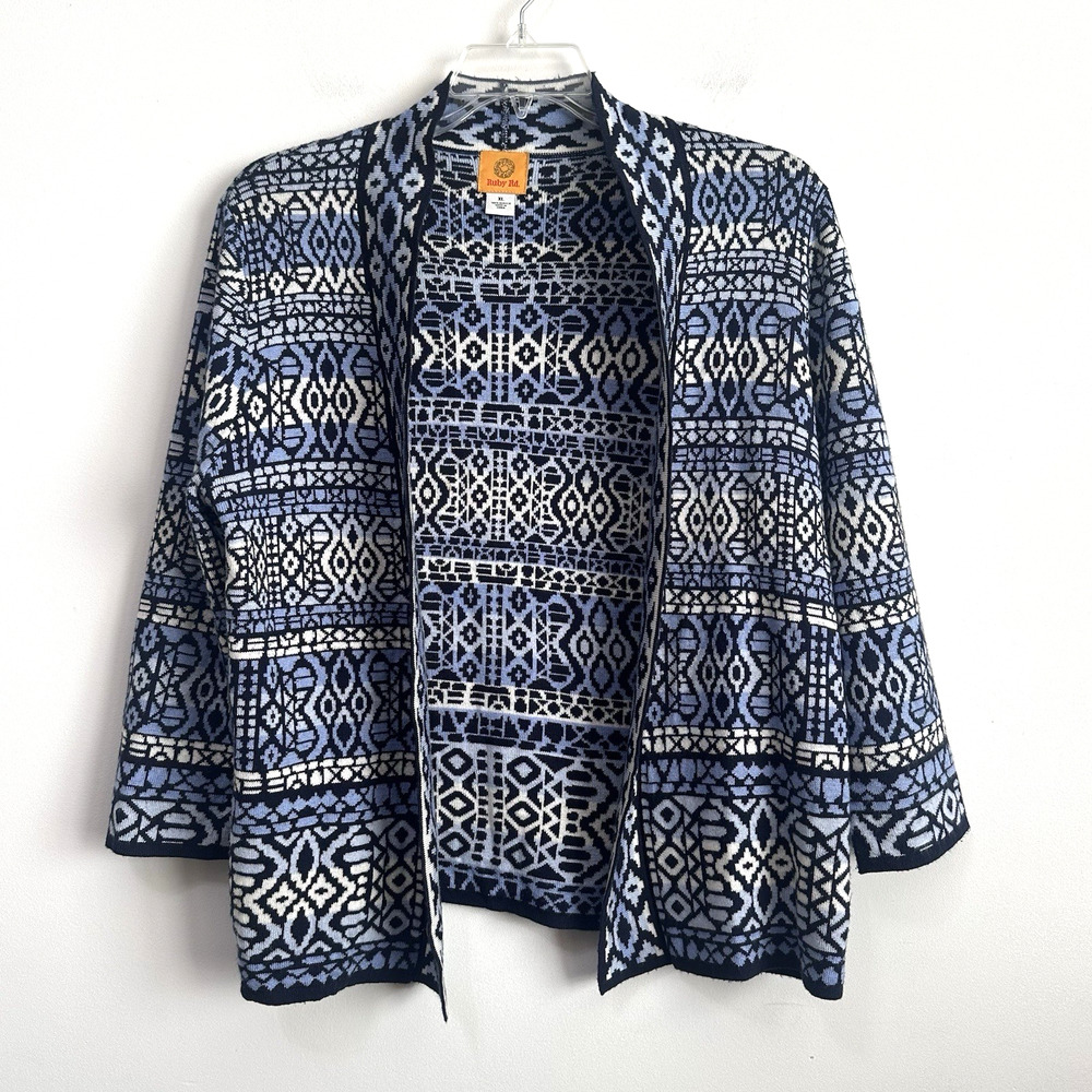 Ruby Rd Cardigan Sweater XL 3/4 Sleeve Blue Geo Open Front Knit Soft Travel Work